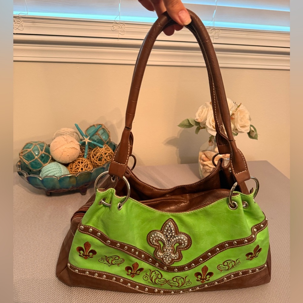 Fleur-De-Lis Brown & Lime Green Women's Handbag